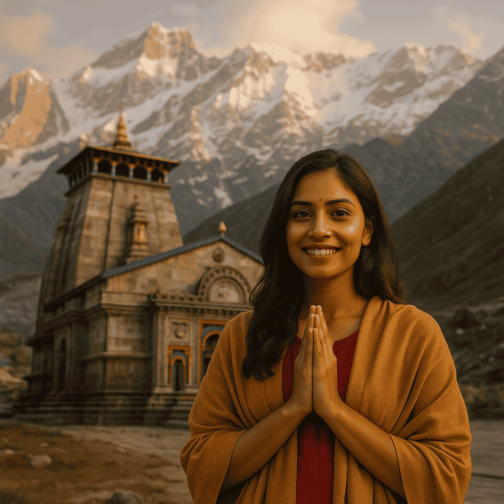 एक युवा भारतीय महिला मुस्कान के साथ हाथ जोड़कर (अंजलि मुद्रा में) केदारनाथ मंदिर के सामने खड़ी है, हिमालय की बर्फीली चोटियाँ पीछे दिखाई दे रही हैं; वातावरण में आध्यात्मिक शांति और सुनहरी रोशनी व्याप्त है।