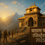 भगवान विष्णु नर-नारायण रूप में बद्रीनाथ धाम में तपस्या करते हुए, देवी लक्ष्मी बदरी वृक्ष के रूप में छाया प्रदान कर रही हैं, पीछे बर्फ से ढका बद्रीनाथ मंदिर और अलकनंदा नदी का दिव्य दृश्य — सेमी-रियलिस्टिक 3D डिजिटल आर्ट में।