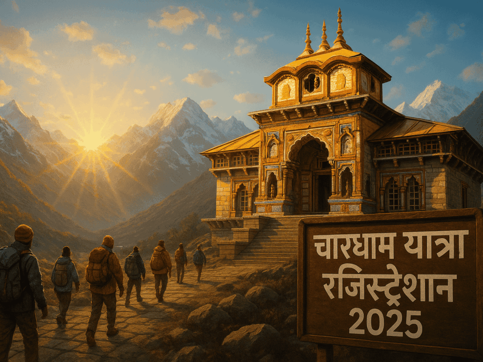 भगवान विष्णु नर-नारायण रूप में बद्रीनाथ धाम में तपस्या करते हुए, देवी लक्ष्मी बदरी वृक्ष के रूप में छाया प्रदान कर रही हैं, पीछे बर्फ से ढका बद्रीनाथ मंदिर और अलकनंदा नदी का दिव्य दृश्य — सेमी-रियलिस्टिक 3D डिजिटल आर्ट में।