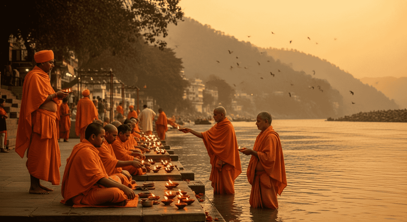 A group of monks in orange robes sitting peacefully at the water's edge, reflecting on their surroundings